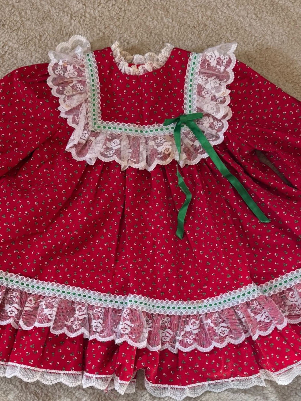 Red Lace-Trim Girls' Holiday Dress with Green Ribbon